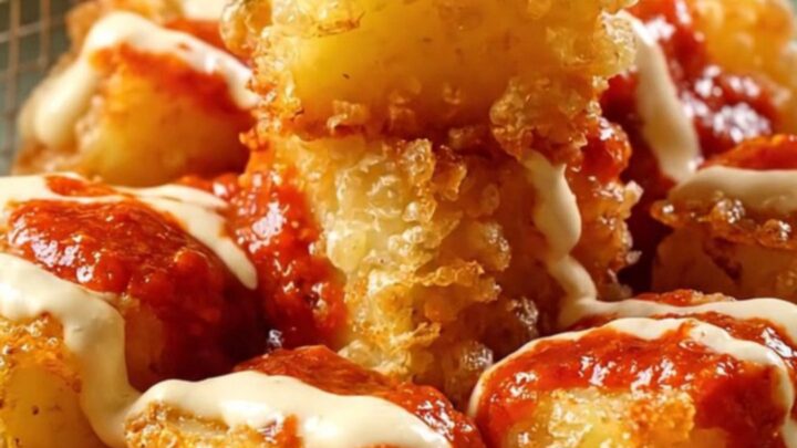 Crispy golden-brown potato cubes topped with vibrant red smoked paprika sauce and white creamy garlic aioli.