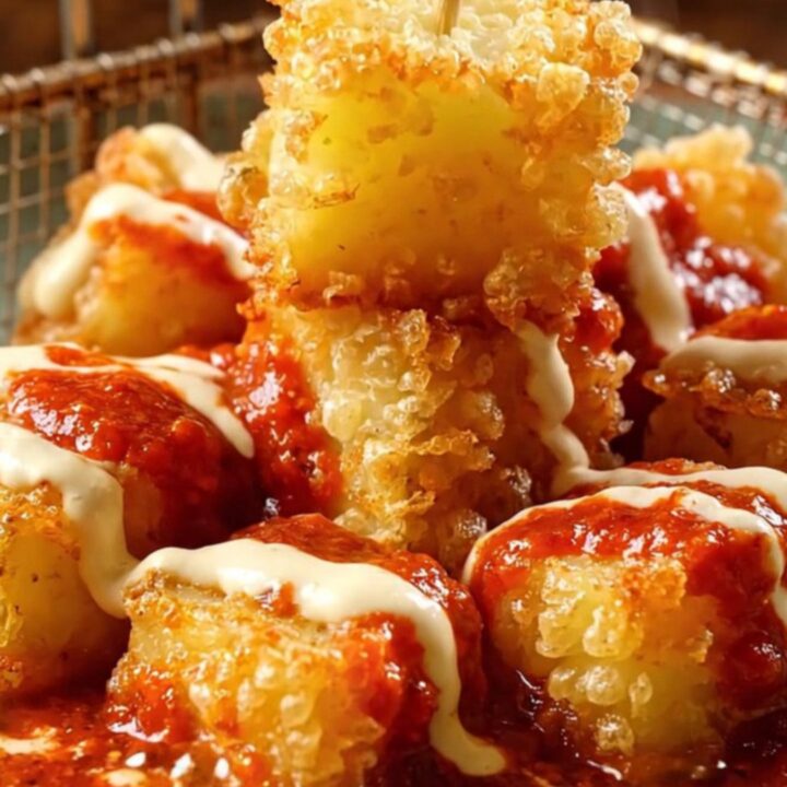 Crispy golden-brown potato cubes topped with vibrant red smoked paprika sauce and white creamy garlic aioli.