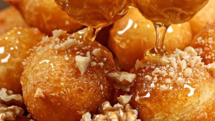A close-up of golden, crispy Greek loukoumades drenched in shimmering thyme honey and topped with crushed walnuts.