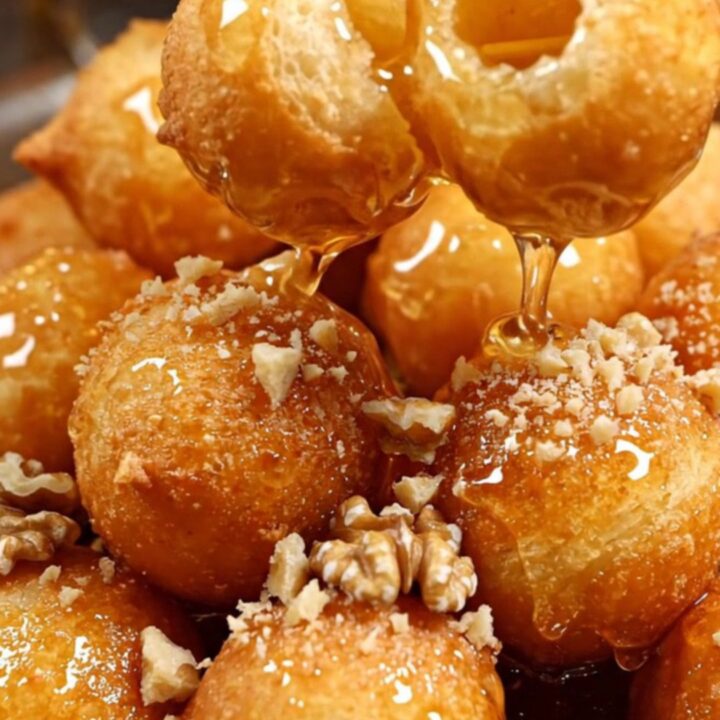 A close-up of golden, crispy Greek loukoumades drenched in shimmering thyme honey and topped with crushed walnuts.