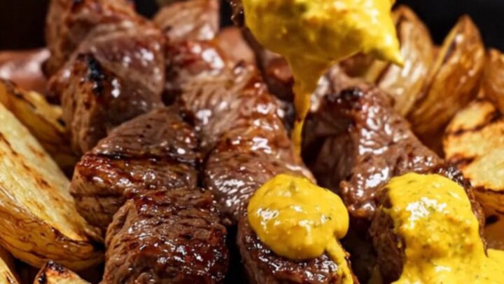 A close-up of flame-seared Peruvian beef anticucho skewers dripping with golden aji amarillo sauce.
