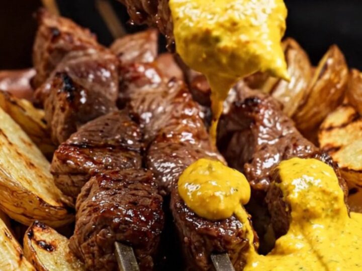A close-up of flame-seared Peruvian beef anticucho skewers dripping with golden aji amarillo sauce.