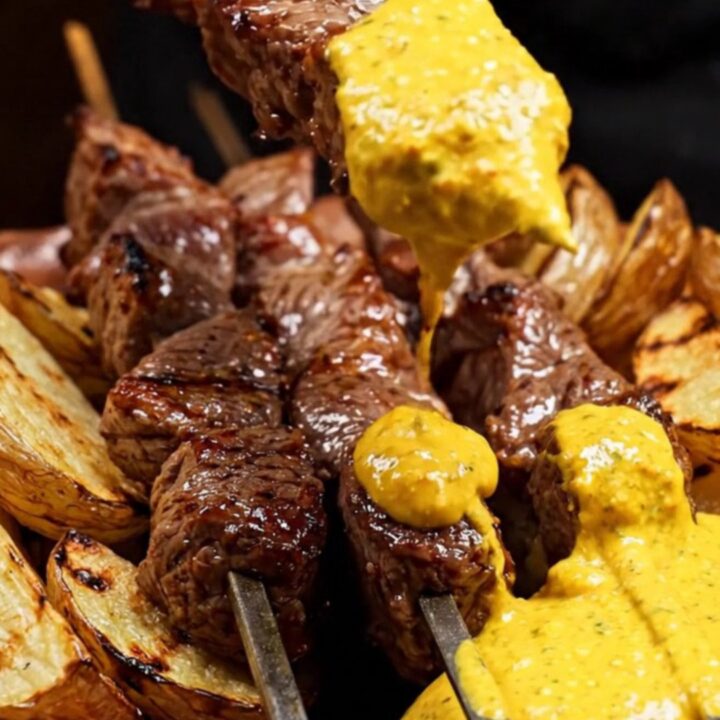 A close-up of flame-seared Peruvian beef anticucho skewers dripping with golden aji amarillo sauce.