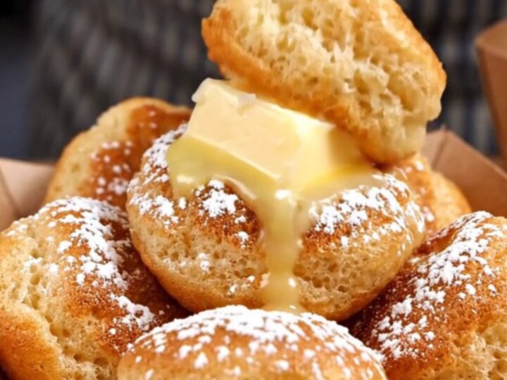 A close-up of golden, fluffy Dutch poffertjes in a dimpled cast-iron pan, topped with melting butter.