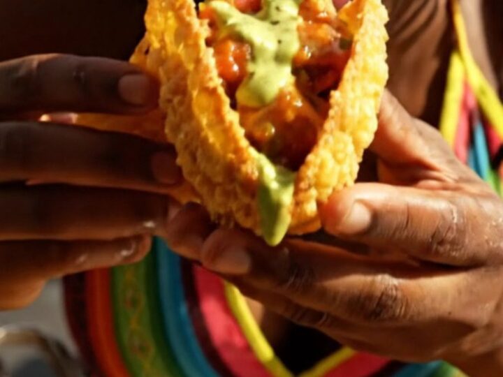 Crispy golden plantain cups filled with jerk chicken and topped with mango salsa.