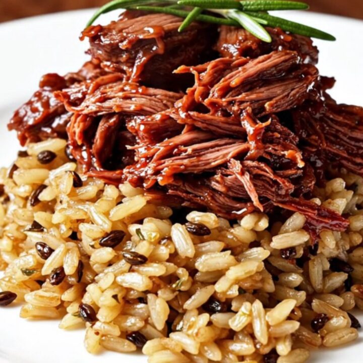 A ruby-red cranberry-orange braised beef roast served over wild rice with fresh rosemary garnishes.