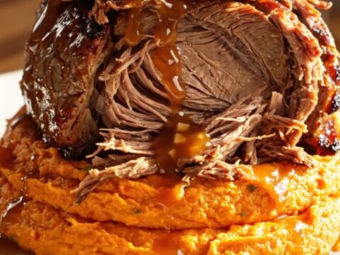 A close-up of a maple-bourbon Dijon shredded beef roast served in a rustic stoneware bowl.