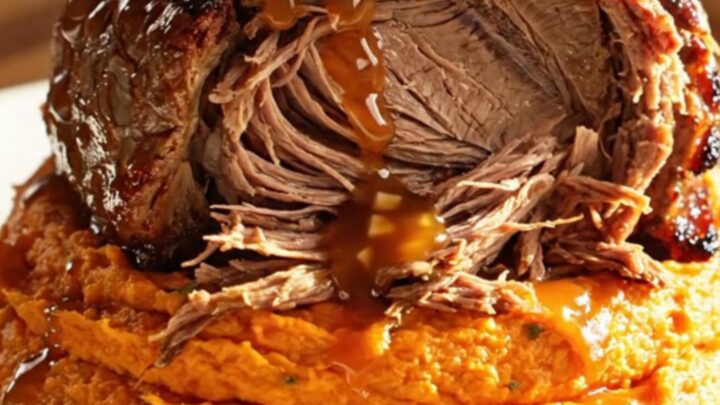 A close-up of a maple-bourbon Dijon shredded beef roast served in a rustic stoneware bowl.