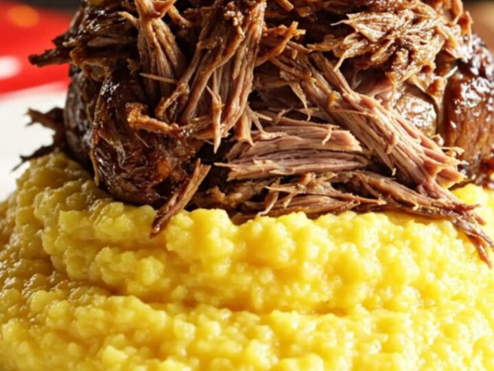 Close-up of Coca-Cola braised beef being pulled apart by two forks, revealing tender fibers and caramelized Vidalia onions.