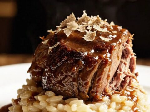 A close-up shot of a succulent, shredded beef roast in a rich, dark truffle and porcini sauce inside a ceramic Crockpot.