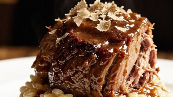 A close-up shot of a succulent, shredded beef roast in a rich, dark truffle and porcini sauce inside a ceramic Crockpot.