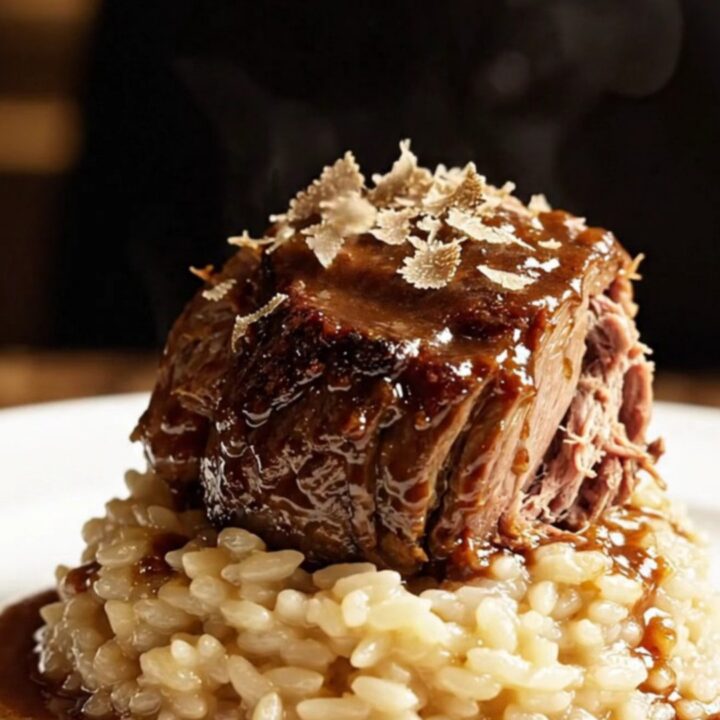 A close-up shot of a succulent, shredded beef roast in a rich, dark truffle and porcini sauce inside a ceramic Crockpot.