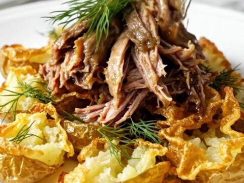 A close-up of tender shredded beef in a tangy butter sauce with fresh dill garnishes.