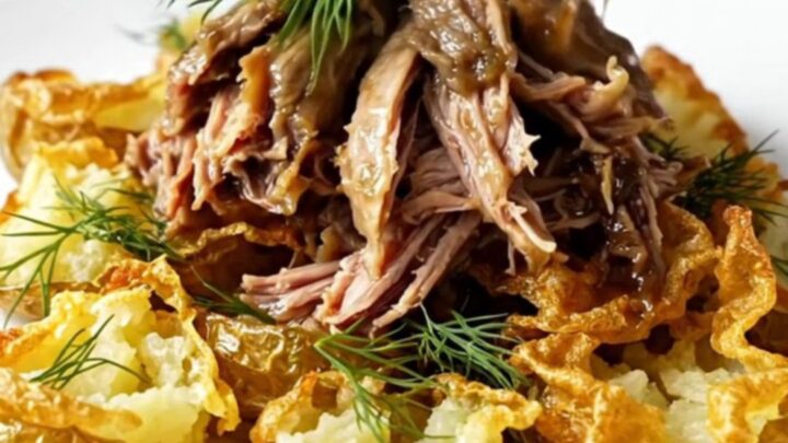 A close-up of tender shredded beef in a tangy butter sauce with fresh dill garnishes.