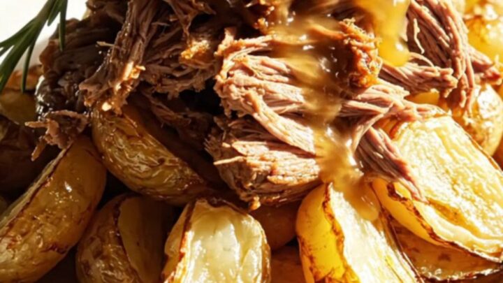 A golden honey-mustard shredded beef roast served on a plate with roasted fingerling potatoes.