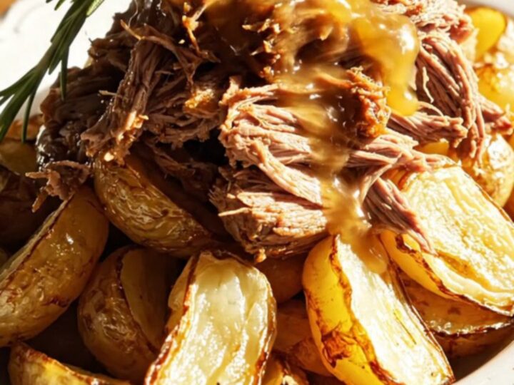 A golden honey-mustard shredded beef roast served on a plate with roasted fingerling potatoes.