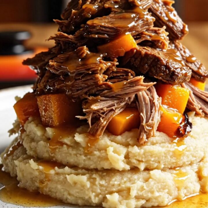 A close-up of shredded apple cider beef and tender butternut squash served over creamy mashed potatoes.