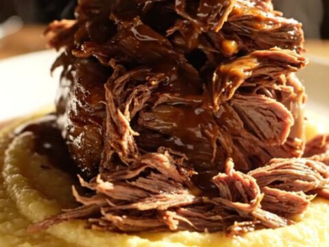 A close-up of a dark-crusted espresso chili-rubbed beef roast being shredded in a slow cooker.