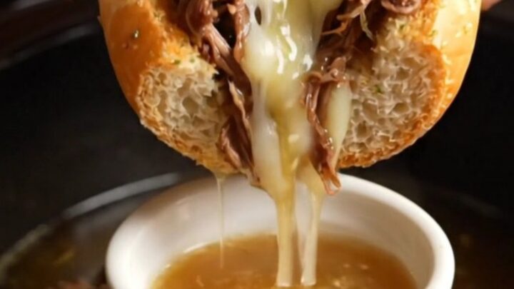 A close-up shot of a French Dip sandwich being dipped into a small ramekin of rich, dark au jus.