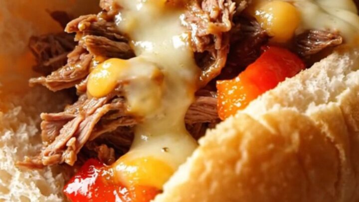A delicious Philly cheesesteak sandwich filled with shredded ribeye, peppers, and melted cheese.