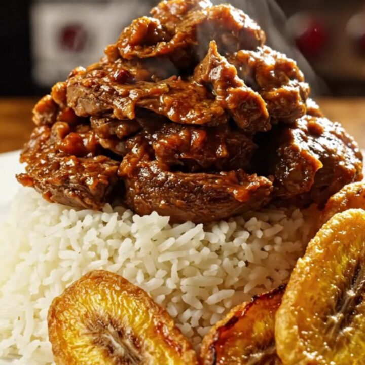 A close-up of tender, shredded Cuban Ropa Vieja served over white rice with fried plantains.