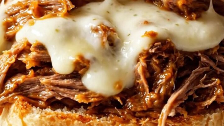 Close up of cheesy shredded beef sliders with melted mozzarella on Hawaiian rolls.