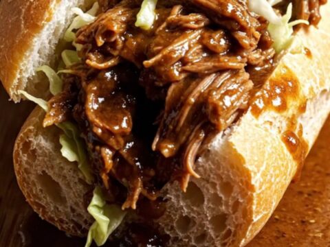 Extreme close-up of a slow cooker lid being lifted, revealing shredded beef debris in a bubbling, dark, spicy Cajun gravy.