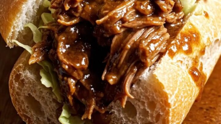 Extreme close-up of a slow cooker lid being lifted, revealing shredded beef debris in a bubbling, dark, spicy Cajun gravy.