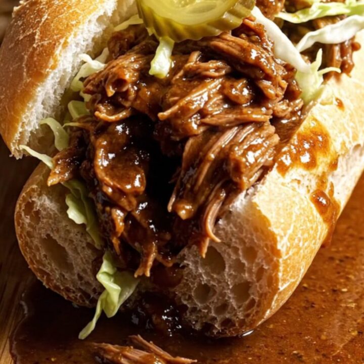 Extreme close-up of a slow cooker lid being lifted, revealing shredded beef debris in a bubbling, dark, spicy Cajun gravy.