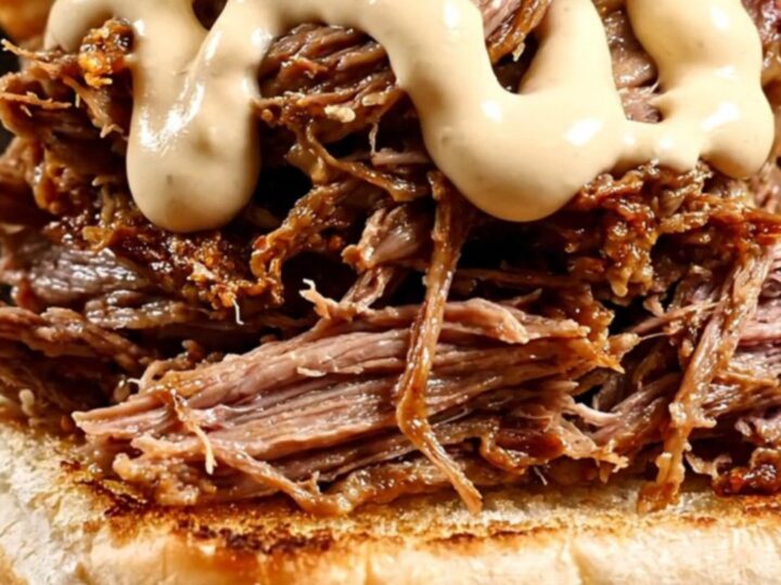 A close-up of a smoky shredded beef sandwich on a toasted kaiser roll with horseradish sauce.