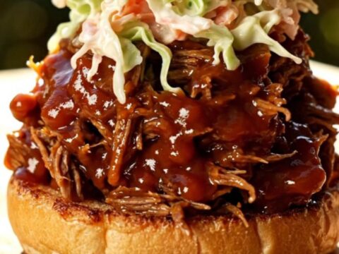 A close-up of a brioche bun filled with mahogany-colored pulled beef topped with creamy coleslaw.