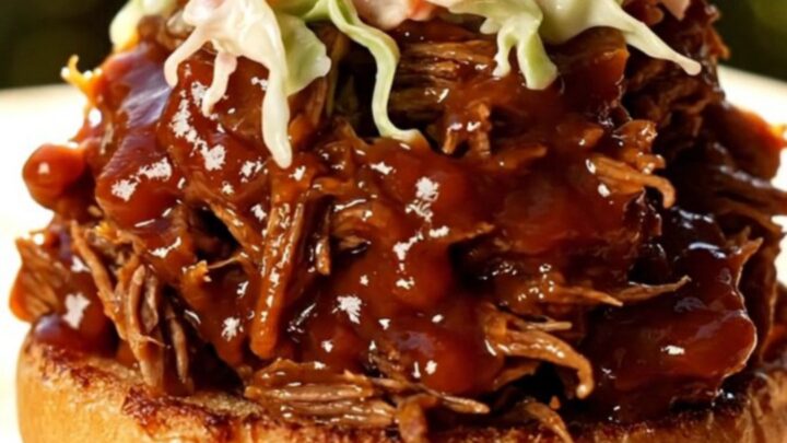 A close-up of a brioche bun filled with mahogany-colored pulled beef topped with creamy coleslaw.