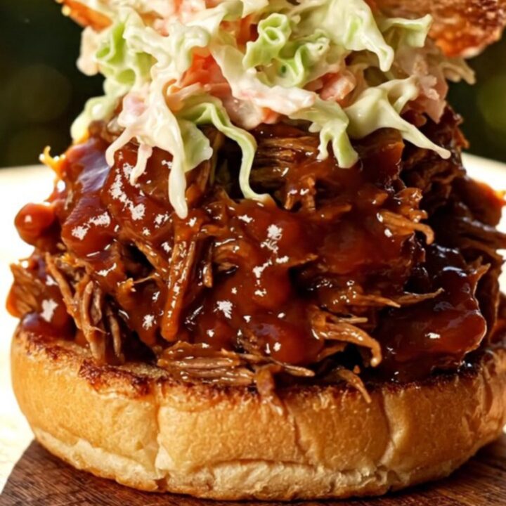 A close-up of a brioche bun filled with mahogany-colored pulled beef topped with creamy coleslaw.