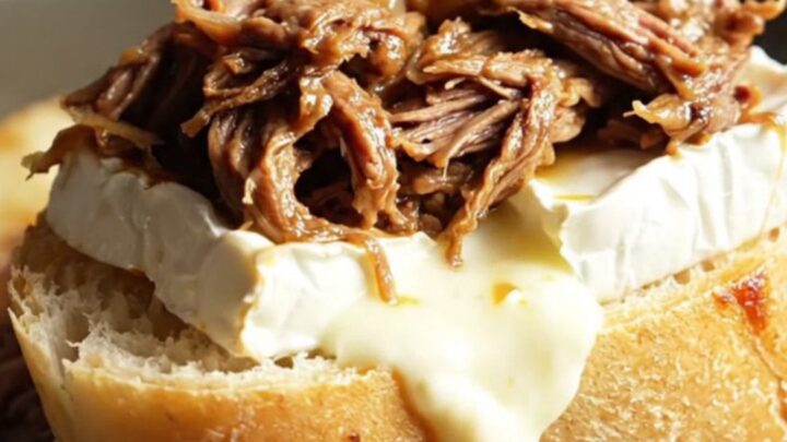 A rustic platter featuring crusty baguette slices topped with tender shredded beef and molten Brie.