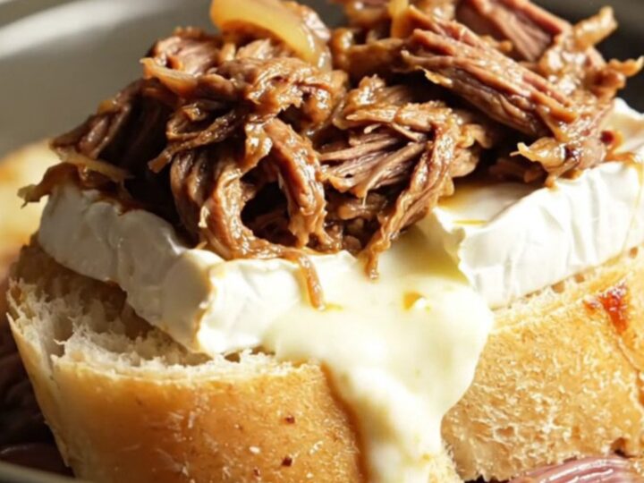 A rustic platter featuring crusty baguette slices topped with tender shredded beef and molten Brie.
