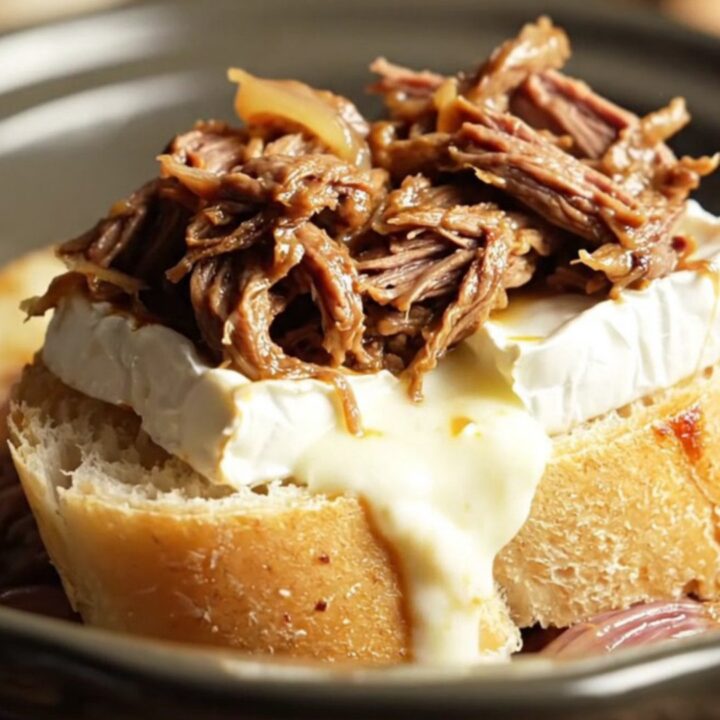 A rustic platter featuring crusty baguette slices topped with tender shredded beef and molten Brie.