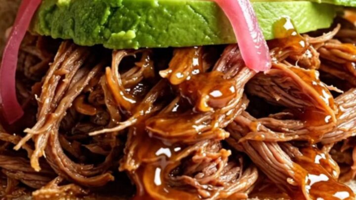 A close-up of a honey chipotle pulled beef torta on a rustic plate with visible steam.