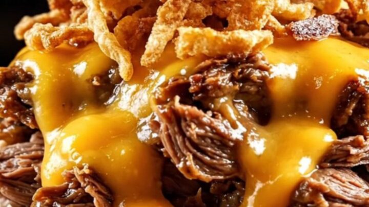 A close-up shot of a shredded beef sandwich on a pretzel bun with beer cheese sauce dripping down the sides.