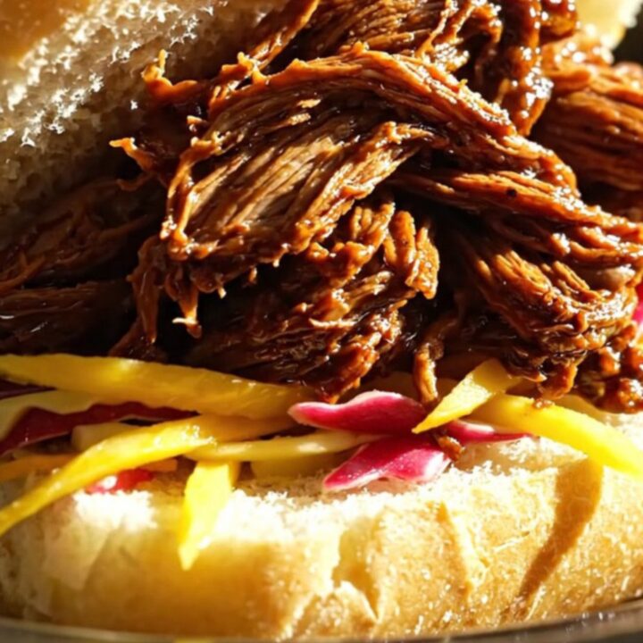 A close-up of tender, slow-cooked Jamaican jerk shredded beef served in a warm coco bread roll with fresh mango slaw.