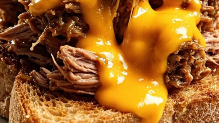 A close-up shot of creamy jalapeño popper shredded beef piled high on toasted sourdough bread.