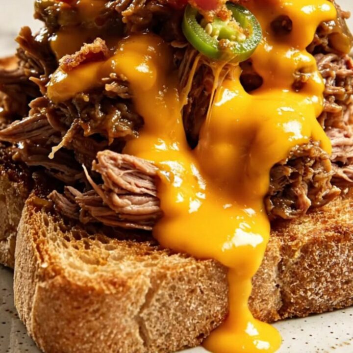 A close-up shot of creamy jalapeño popper shredded beef piled high on toasted sourdough bread.