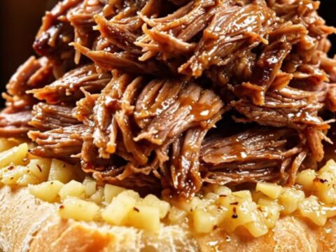 A close-up of a slow cooker filled with shredded prime rib roast, garlic cloves, and rosemary in a rich butter sauce.