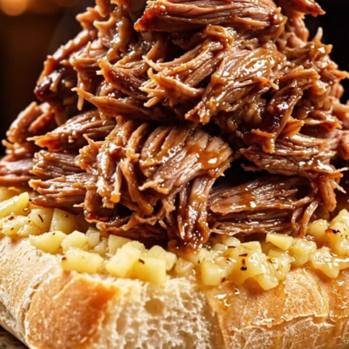 A close-up of a slow cooker filled with shredded prime rib roast, garlic cloves, and rosemary in a rich butter sauce.