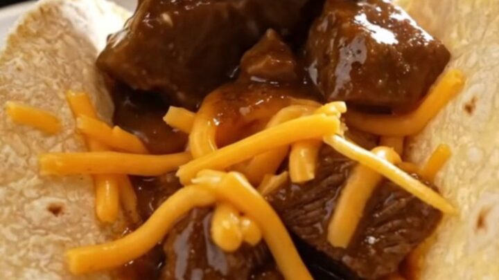 A close-up of steaming Carne Guisada with tender beef and thick gravy served in a warm flour tortilla.