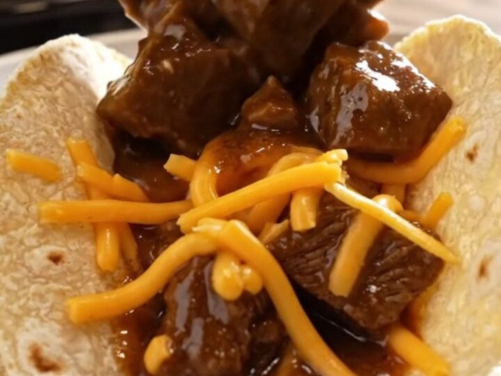 A close-up of steaming Carne Guisada with tender beef and thick gravy served in a warm flour tortilla.