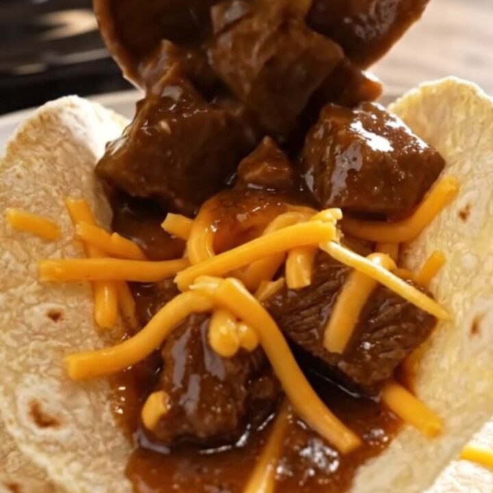 A close-up of steaming Carne Guisada with tender beef and thick gravy served in a warm flour tortilla.