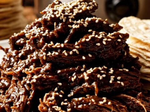 A close-up shot of shredded beef coated in a dark, glossy mole sauce, topped with toasted sesame seeds.