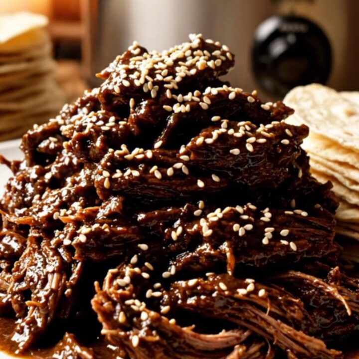 A close-up shot of shredded beef coated in a dark, glossy mole sauce, topped with toasted sesame seeds.
