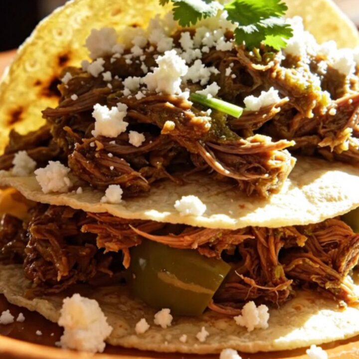 A close-up of tender, shredded beef in a vibrant green tomatillo sauce inside a ceramic slow cooker.