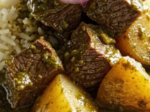 A ceramic slow cooker filled with tender beef chunks in a vibrant emerald-green cilantro sauce with potatoes.